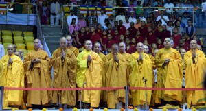 Buddhist monks play traditional music instruments at the 'International Buddha Poornima Diwas Celebrations 2015' in New Delhi on May 4, 2015