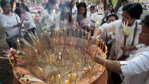 Cambodian Buddhist devotees offer prayers to mark the Visak Bochea Day celebrations at Oudong hill, in Kandal province northwest of Phnom Penh, Cambodia. It falls on a full moon day in the month of Vaisakh (April/May) according to the Hindu calendar