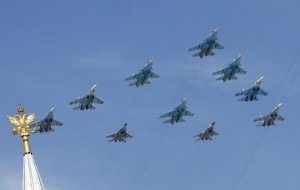 SU-34, SU-27 and MIG-29 military jets fly in formation during the Victory Day parade above Red Square in Moscow, Russia, on May 9, 2015.