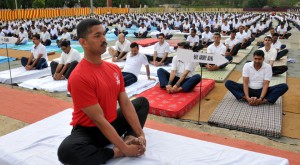 Army Jawans practise yoga to mark the International Yoga Day in Jalandhar Cantt on June 21, 2015