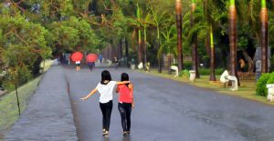 Girls enjoy the pleasant weather at Sukhana Lake after the rain lashed Chandigarh