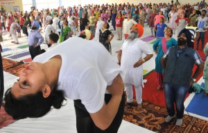 Mohali MP Prem Singh (front row, second from right) among those doing yoga on International Yoga Day at Sector 78, Mohali, on June 21, 2015