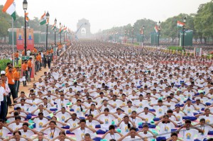 Thousands of participants practise yoga to mark the first International Yoga Day at Rajpath in New Delhi on June 21, 2015