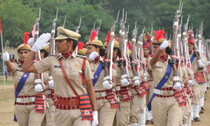 A contingent taking part in the Independence Day parade at the Dronacharya Stadium in Kurukshetra on Saturday.