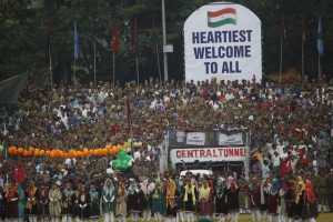 College girls perform a traditional dance during the Independence Day celebrations at Bakshi Stadium in Srinagar