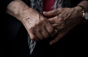 This picture taken on May 25 shows the hands of Keiko Ogura, 78, a survivor of the atomic bombing of Hiroshima in 1945, as she poses for a picture at the Hiroshima Peace Memorial Park in Hiroshima. Ogura has devoted her life to keeping alive the memory of the devastating day by sharing her experiences with visitors to the memorial park.