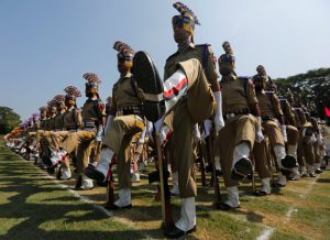 Policemen take part in the full-dress rehearsal ahead of India’s Independence Day celebrations in Srinagar on August 13, 2016.