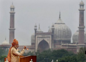 Prime Minister Narendra Modi addressing the nation during the 69th Independence Day function at the historic Red Fort in New Delhi