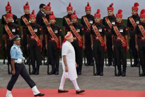 Prime Minister Narendra Modi reviews a guard of honour during the 70th Independence Day function at the historic Red Fort in New Delhi