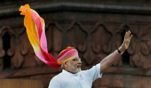 Prime Minister Narendra Modi waves at crowd after his address during the 70th Independence Day function at the historic Red Fort in New Delhi