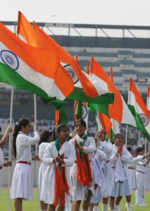 School students performing during the 69th Independence Day function at Guru Nanak Stadium in Ludhiana