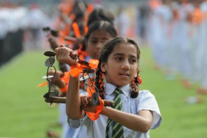 School students performing during the 69th Independence Day function at Guru Nanak Stadium in Ludhiana