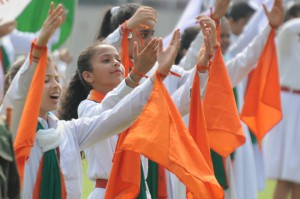 School students performing during the 69th Independence Day function at Guru Nanak Stadium in Ludhiana