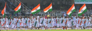 School students performing during the 69th Independence Day function at Guru Nanak Stadium in Ludhiana