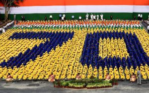 Schoolchildren take part during the full dress rehearsal at the Red Fort premises for the 70th Independence Day celebrations at the Red Fort in New Delhi on August 13, 2016