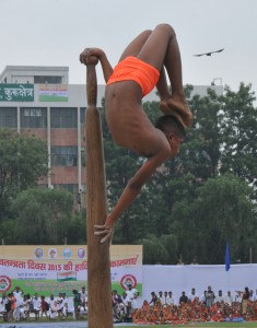 Students of Gurukul showing their skills on “Mallkhamb” during the state-level Independence Day function at Dronacharya Stadium in Kurukshetra