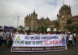 Students participate in a peace rally to commemorate the 70th anniversary of the atomic bombings of the Japanese cities of Hiroshima and Nagasaki, in Mumbai, India, on August 6, 2015.