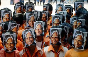 Students wear masks of former President APJ Abdul Kalam at an event to mark former president APJ Abdul Kalam’s 85th birth anniversary in Chennai on October 15, 2016.