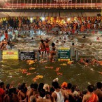 Sadhus or Hindu holy men arrive to take a holy dip in the waters of Godavari river during the second ‘Shahi Snan’ (grand bath) at the Kumbh Mela or Pitcher Festival in Nashik on September 13, 2015