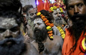 Sadhus, or Hindu holy men, attend a procession before taking a dip in a holy pond during the second ‘Shahi Snan’ (grand bath) at Kumbh Mela, or Pitcher Festival, in Trimbakeshwar on September 13, 2015