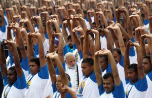 Prime Minister Narendra Modi performs yoga during World Yoga Day in Chandigarh, on June 21.