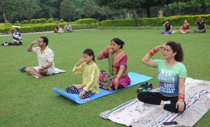 Residents doing yoga at Shanti Kunj during the 2nd International Yoga day at the Capitol Complex in Chandigarh