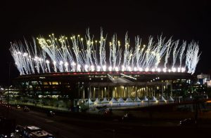 Fireworks are tested for the opening ceremony of the Rio 2016 Olympic Games at the Maracana stadium in Rio de Janeiro, Brazil on August 3, 2016.