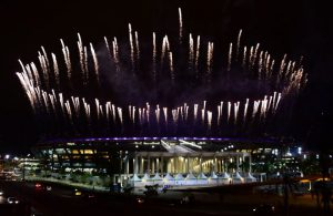 Fireworks are tested for the opening ceremony of the Rio 2016 Olympic Games at the Maracana stadium in Rio de Janeiro, Brazil on August 3, 2016.