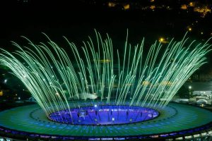 Fireworks are tested for the opening ceremony of the Rio 2016 Olympic Games at the Maracana stadium in Rio de Janeiro, Brazil on August 3, 2016.