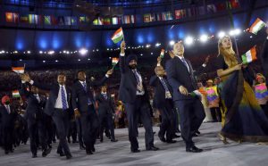 Athletes from India enter the stadium in Maracana, Rio de Janeiro, Brazil