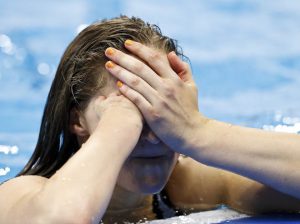 Chantalle Zijderveld of Netherlands reacts after placing third in the Women’s 100m Breaststroke (SB9) of the Rio 2016 Paralympic Games at Olympic Stadium in Rio de Janeiro on September 8, 2016.