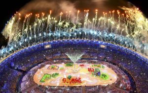 Fireworks explode as performers take part during the closing ceremony of the Rio 2016 Olympic Games at the Maracana stadium in Rio de Janeiro on August 21, 2016