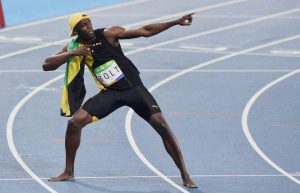 Jamica's Usain Bolt strikes his signature pose after winning the gold in Men's 100m in the 2016 Rio Olympics at Rio de Janeiro in Brazil