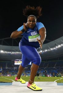 Michelle Carter of USA competes on her way to the gold medal in the Women’s Shot Put Final at Olympic Stadium in Rio de Janeiro, Brazil, on August 12, 2016.