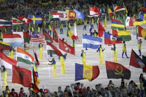 Olympic athletes enter onto the stage during the closing ceremony of the Rio 2016 Olympic Games at the Maracana stadium in Rio de Janeiro on August 21, 2016