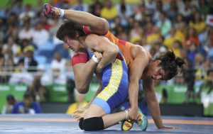 Sakshi Malik and Aisuluu Tynybekova of Kyrgyzstan compete in the Women’s Freestyle 58kg broze medal match at Carioca Arena 2 in Rio de Janeiro.