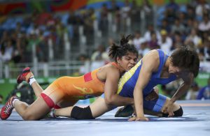 Sakshi Malik and Aisuluu Tynybekova of Kyrgyzstan compete in the Women’s Freestyle 58kg broze medal match at Carioca Arena 2 in Rio de Janeiro