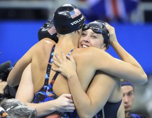 Team USA celebrates winning their gold medal in Women’s 4 x 100m Medley Relay Final at the Olympic Aquatics Stadium, in Rio de Janeiro, Brazil, on August 13, 2016.