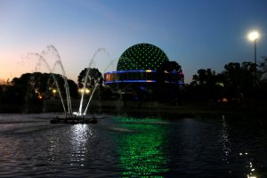 The Galileo Galilei planetarium is seen lit in the colours of Brazils flag in homage to 2016 Rio Olympics in Buenos Aires, Argentina, on August 4, 2016. The 31st Summer Olympics starts on August 5 in Rio, Brazil.