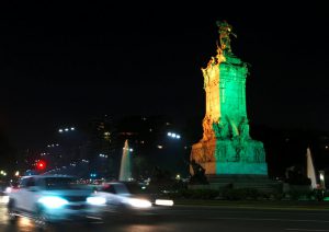 The Monumento a Los Espanoles (Monument to Spanish) is seen lit in the colours of Brazils flag in homage to 2016 Rio Olympics, in Buenos Aires, Argentina, on August 4, 2016. The 31st Summer Olympics starts on August 5 in Rio, Brazil.