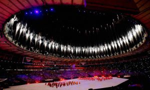 The Olympic stadium is lit with fireworks during the opening ceremony of Rio Olympic 2016 at Rio de Janeiro in Brazil on Friday.