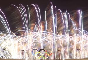 The Olympics rings are seen as fireworks explode during the closing ceremony of the Rio 2016 Olympic Games at the Maracana stadium in Rio de Janeiro on August 21, 2016