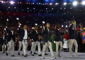 The Refugee Olympic Athletes' team arrives for the opening ceremony in Maracana, Rio de Janeiro, Brazil on August 5, 2016.