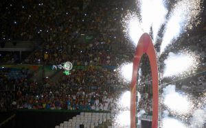 Aaron Wheelz extreme wheelchair athlete makes a spectacular entrance at the start of the Opening Ceremony of the Rio 2016 Paralympic Games at the Maracana Stadium in Rio de Janeiro, Brazil, on September 7, 2016.