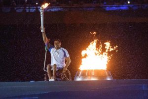 Brazilian swimmer Clodoaldo Silva holds the Paralympic torch after lighting the Paralympic cauldron during the opening ceremony of the Rio 2016 Paralympic Games at the Maracana stadium in Rio de Janeiro on September 7, 2016.