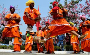 Folk artists perform during “Ratnawali” a state level Haryana Day celebration at Kurukshetra University, Kurukshetra.