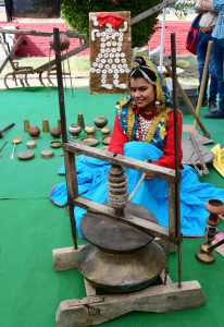 Participants display Haryana’s traditional articles at an exhibition organised during 31st state level Haryana Day celebration 'Ratnawali' at Kurukshetra University in Kurukshetra.