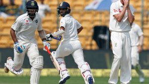 India cricket team’s Cheteshwar Pujara (79 n.o) and Ajinkya Rahane (40 n.o.) have put the hosts in a comfortable position, sharing an unbeaten 93-run partnership during Day 3 of the second Test at M Chinnaswamy Stadium in Bangalore