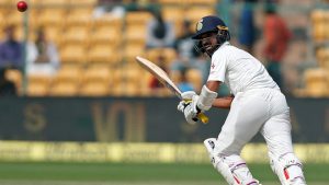 Though Ajinkya Rahane was the less aggressor in the partnership with Cheteshwar Pujara, he scored three boundaries, latching onto the loose balls on Day 3 of the second Test at M Chinnaswamy Stadium in Bangalore