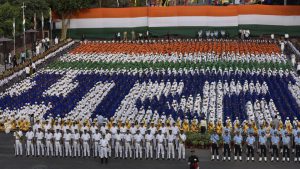 Defence personnel along with school students participated at the full dress rehearsal ahead of the 71st Independence Day on August 15.